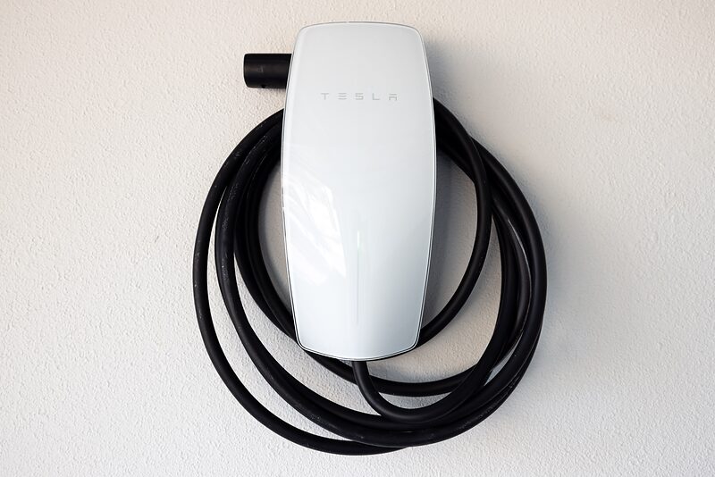 Tesla wall charger mounted in the garage